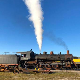 Vintage steam locomotive emitting white steam against a clear blue sky.