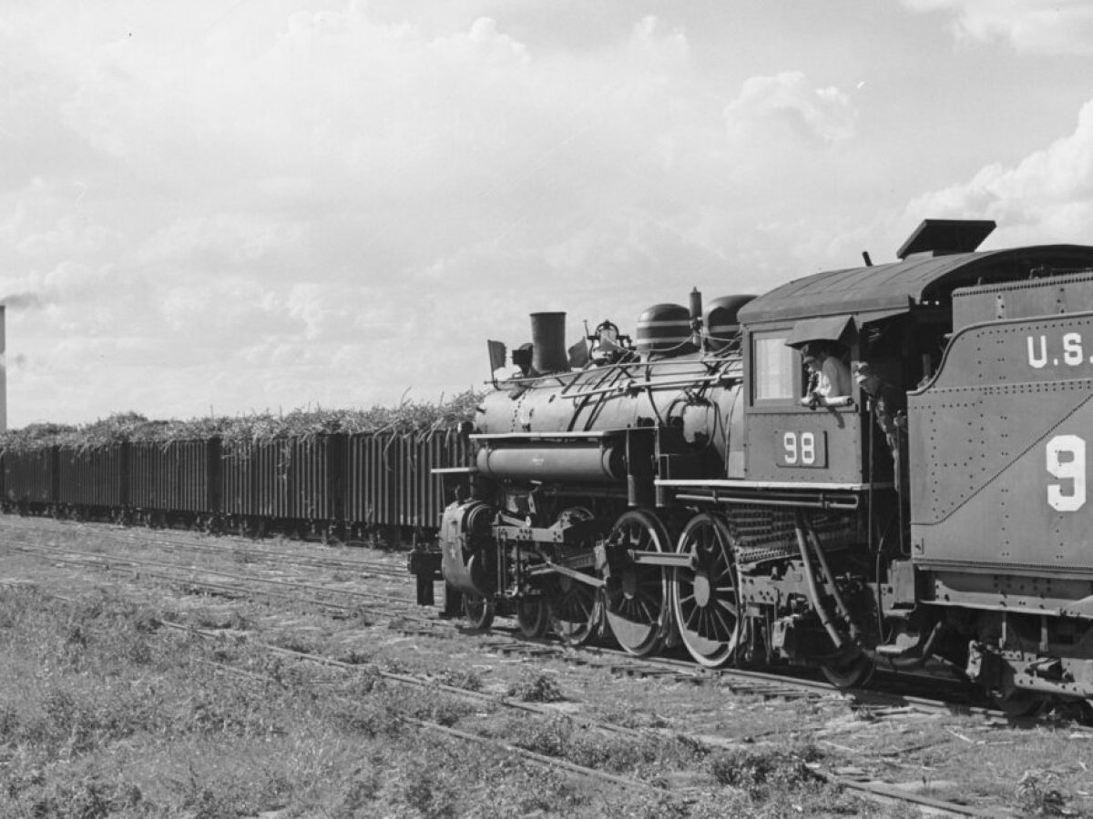Vintage steam train with sugar cane cargo on tracks.