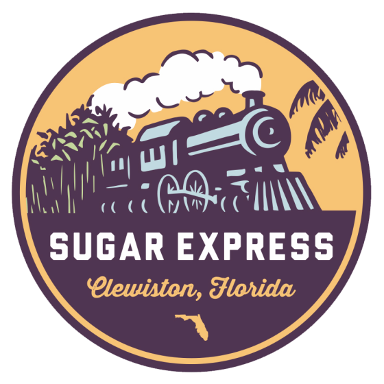 Steam train with sugarcane, text 'Sugar Express, Clewiston, Florida' in a circle badge.