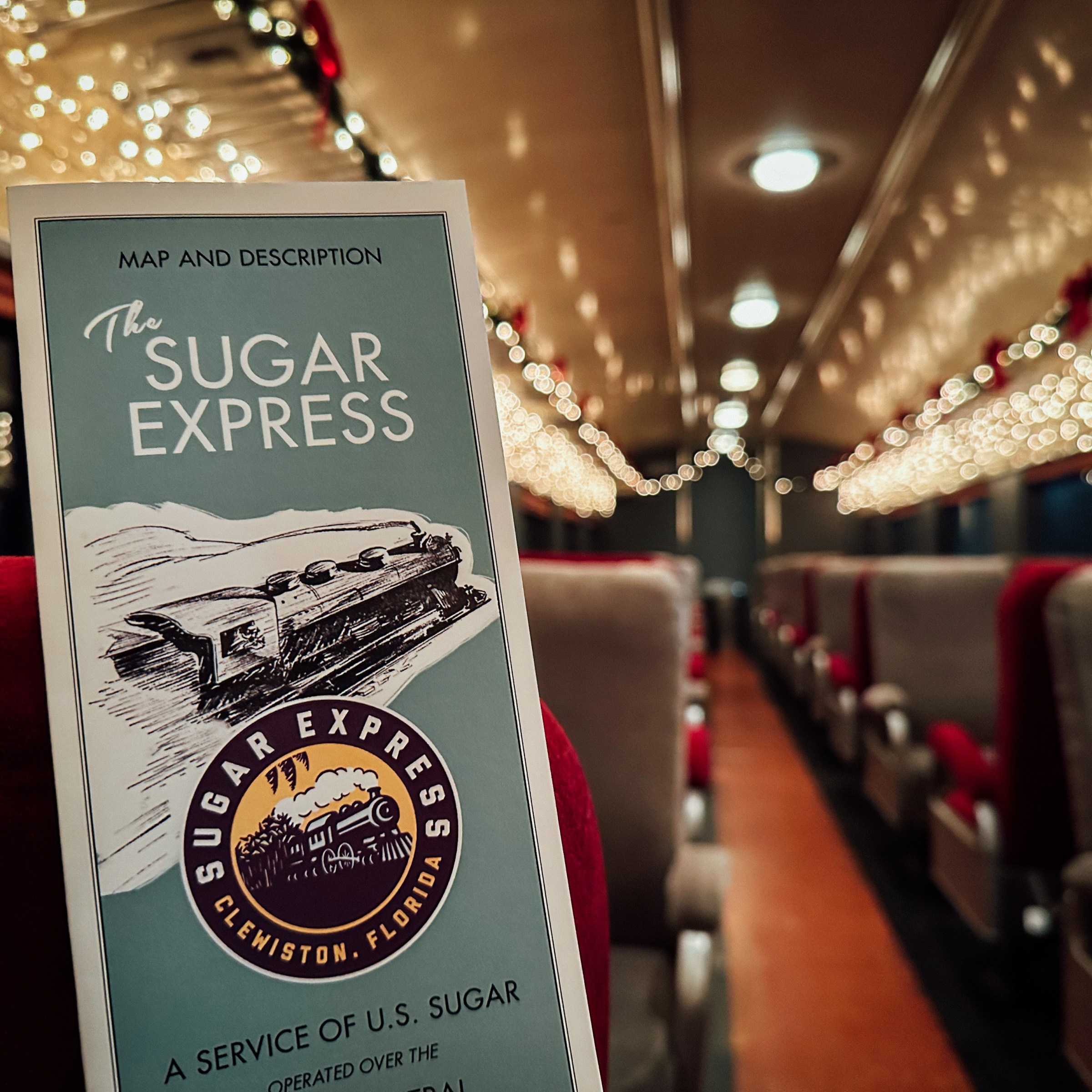 Train brochure inside a decorated train with string lights.
