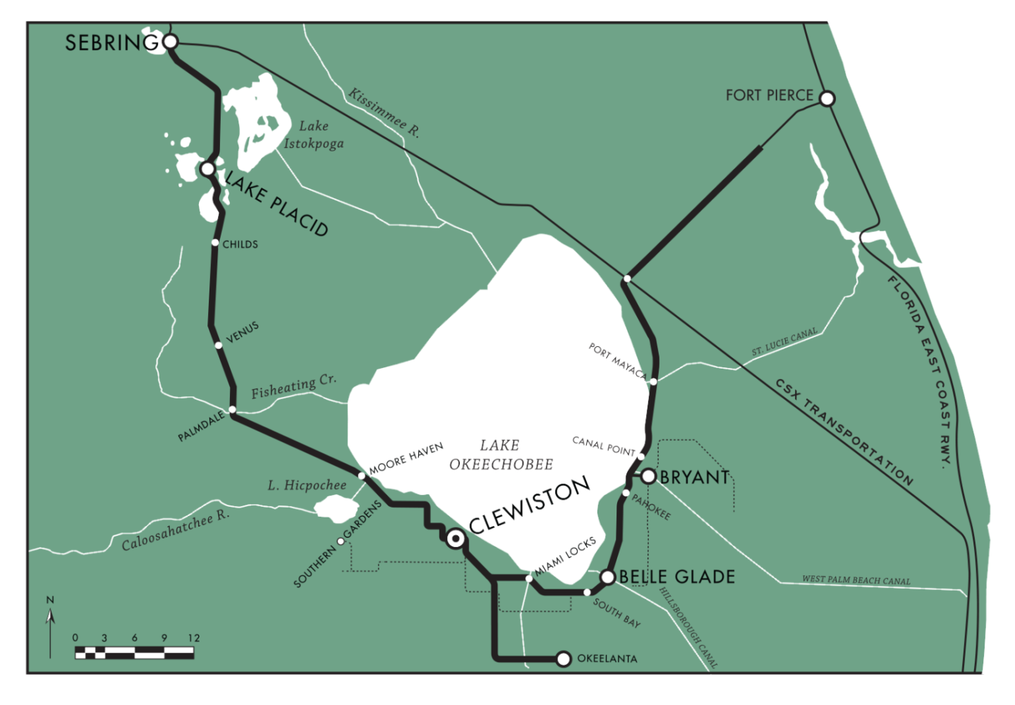 Map showing rail routes around Lake Okeechobee with nearby towns.
