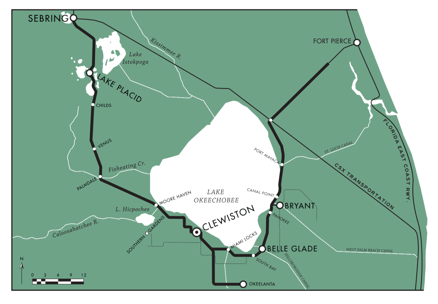 Map showing Lake Okeechobee with nearby cities and roads.